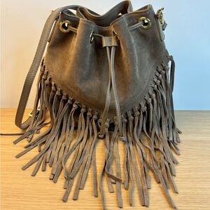 Isodora Beige Soft Suede Italian Leather Long Fringe Drawstring Bag LIKE NEW!!